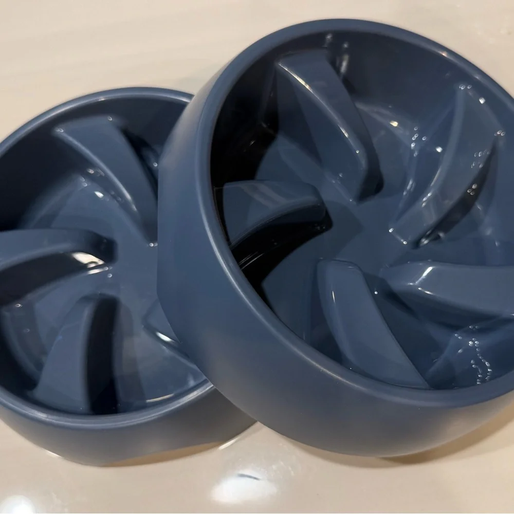Blue Slow Feeder Dog Bowls (2) skid feet water or food 27” in diameter 2” depth